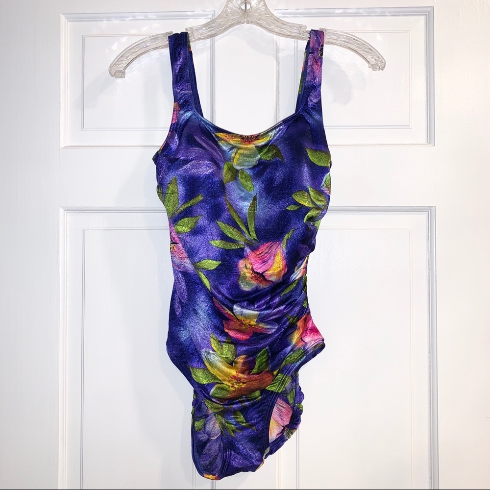 Vintage Blue Floral One Piece Bathing Suit
